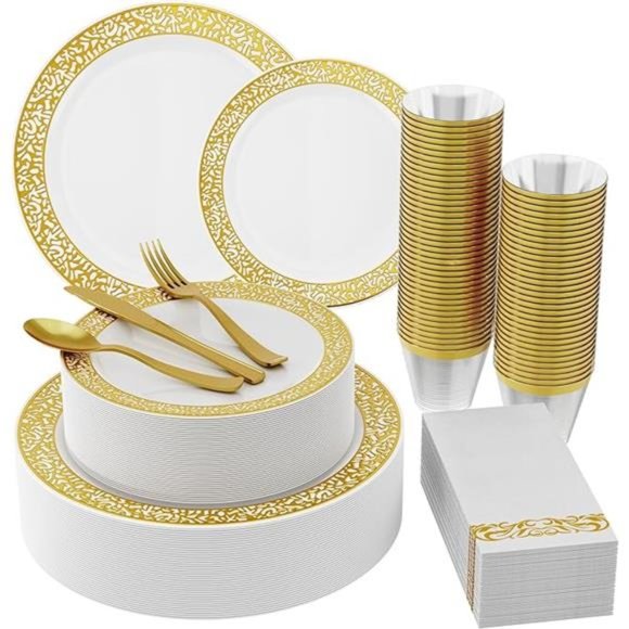 210 Count Gold Plastic Dinnerware, Gold Disposable Plates, Includes: 30 Plates - Picture 7 of 7